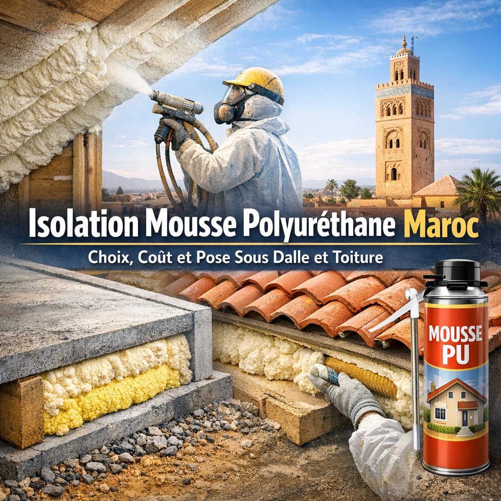 Worker applying polyurethane foam insulation under a roof with tools, highlighting insulation in Morocco.