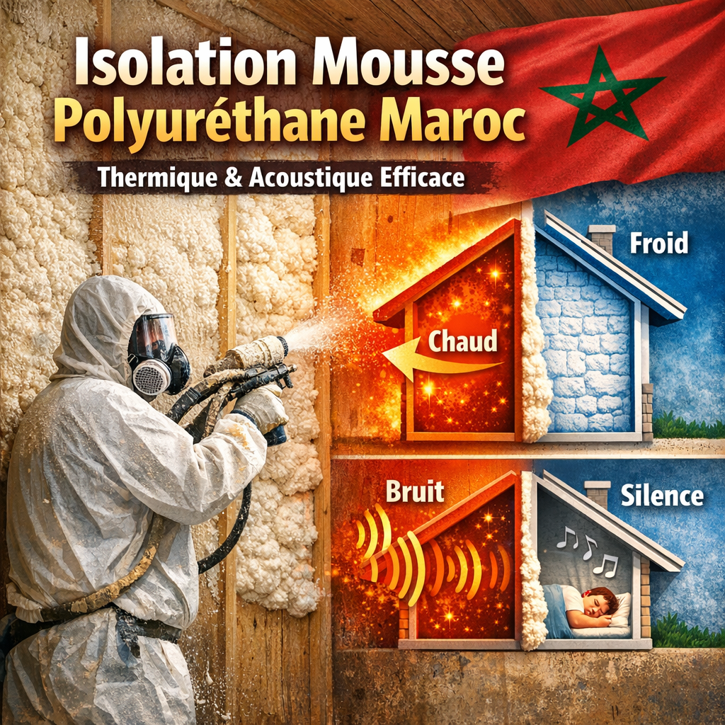 Spray polyurethane foam insulation applied on a roof in Morocco for thermal and acoustic protection.