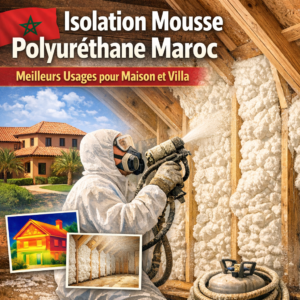 Application of white polyurethane foam insulation on walls in a Moroccan home for thermal and acoustic comfort.
