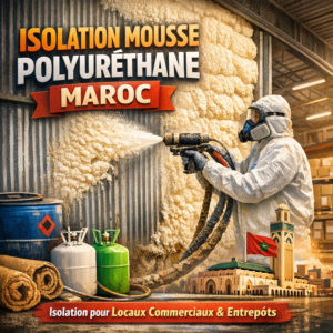 Technician applying polyurethane foam insulation to walls in a commercial space in Morocco.