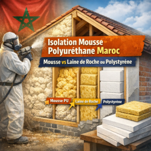 Comparison chart showing polyurethane foam, rock wool, and polystyrene insulation benefits for Moroccan homes.
