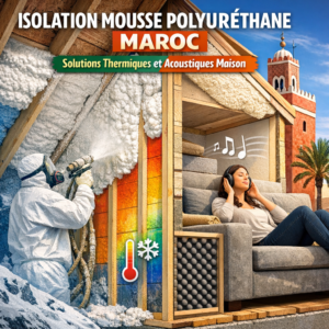 Spray foam insulation being applied on a wall inside a Moroccan home for thermal and acoustic protection.