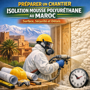 Worker in safety gear applying polyurethane foam insulation on a Moroccan construction site.