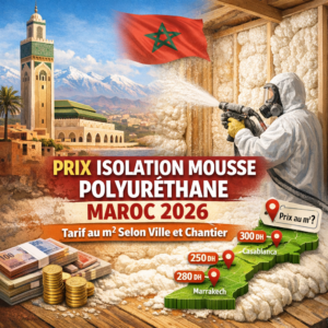Chart showing 2026 polyurethane foam insulation prices per m² in Moroccan cities with application visuals.