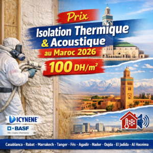Infographic showing thermal and acoustic insulation prices in Morocco 2026 at 100 DH/m² with polyurethane foam and brand logo