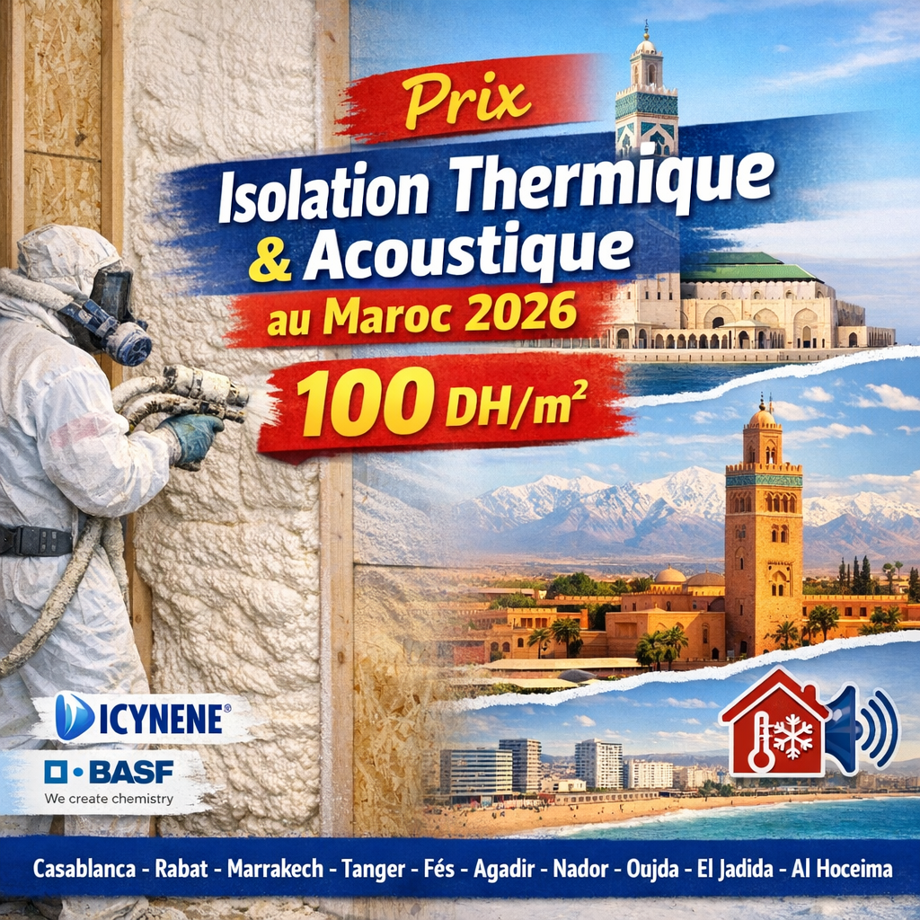 Infographic showing thermal and acoustic insulation prices in Morocco 2026 at 100 DH/m² with polyurethane foam and brand logo